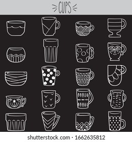 Freehand decorated espresso coffee cups collection, Texture latte glass white outline illustration, Flower pattern hot cocoa mugs & breakfast beverage bowl, Fancy tea design, drink & kitchen elements