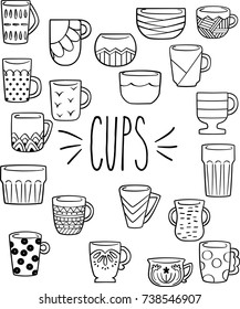 Freehand decorated espresso coffee cups collection, Texture latte glass black outline illustration, Flower pattern hot cocoa mugs & breakfast beverage bowl, Fancy tea design, drink & kitchen elements