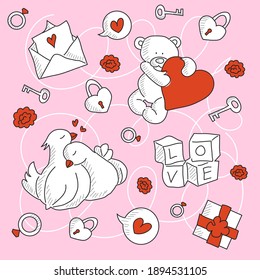 Freehand Doodle on the theme of February 14, Valentine's Day.