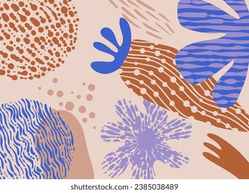 Freehand doodle shapes and textures collage background with organic nature elements. Abstract artistic aesthetic contemporary backdrop.