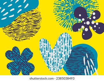 Freehand doodle shapes and textures collage background with organic nature elements. Abstract artistic aesthetic contemporary backdrop.