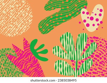 Freehand doodle shapes and textures collage background with organic nature elements. Abstract artistic aesthetic contemporary backdrop.