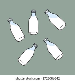 Freehand doodle sketch vector illustration of three old-fashioned glass bottles with milk or kefir in different positions straight tilted to right and left. Healthy nutrient rich diet