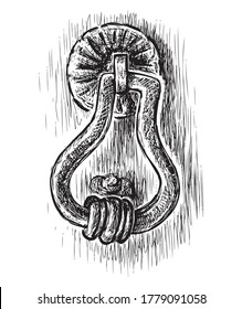 Freehand drawing of ancient metal door handle of medieval house