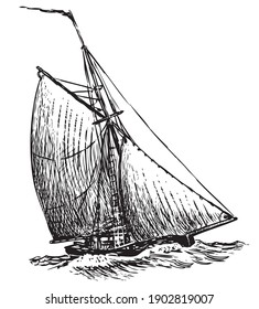 Freehand drawing of ancient sailing boat in the sea