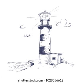 Freehand drawing of beautiful seaside landscape with lighthouse standing on rock cliff or seashore with sea and cloudy sky on background. Monochrome vector illustration hand drawn in vintage style.