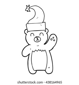 freehand drawing of a black and white cartoon teddy bear waving