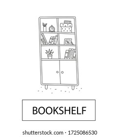 Freehand drawing bookhelf with books, clock, flower pot, photo frame and boxes. 