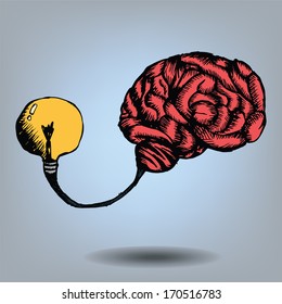 Freehand drawing brain and bulb light, Vector