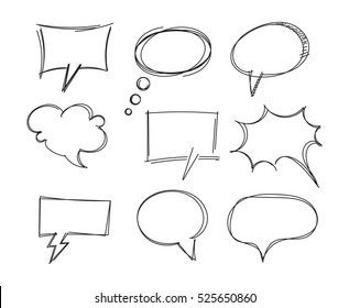 Freehand drawing bubble speech items. Pencil drawing. Isolated on white background. Vector illustration. Set