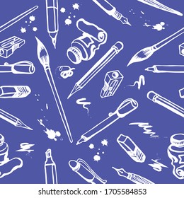 Freehand drawing building materials seamless pattern blue and white. Vector illustration
