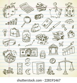 Freehand drawing Business and Finance items on a sheet of exercise book. Vector illustration. Set