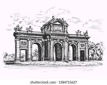 
Freehand drawing by gel pen and traced into vector, image of architecture of France, Arc de Triomphe in the city of Paris, the most famous place in the world.