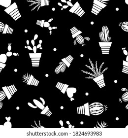 Freehand drawing cacti black and white seamless pattern
