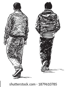 Freehand drawing of casual city pedestrians walking along street