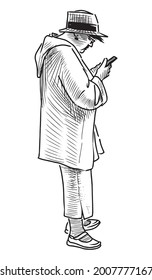 Freehand drawing of casual elderly woman in hat standing outdoors and looking at phone
