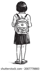 Freehand drawing of casual little schoolgirl with backpack standing outdoors