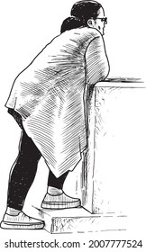 Freehand drawing of casual urban woman standing brooding outdoors lonely