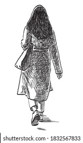 Freehand drawing of casual young city woman walking along street