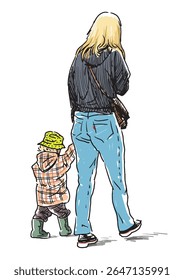 Freehand drawing of casual young woman with little child walking outdoors, vector illustration, rear view, realistic sketch