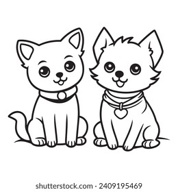 Freehand drawing of a cat and a dog, children s drawing