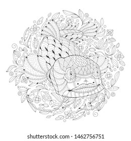 Freehand drawing with a catfish in the midst of algae. Image for coloring pages. Coloring book.