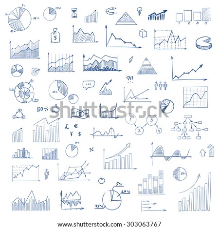 Freehand drawing charts items on a sheet of exercise book. Vector illustration. Set