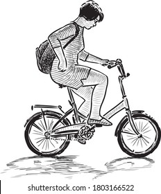 Freehand drawing of city girl with backpack riding a bicycle on summer day
