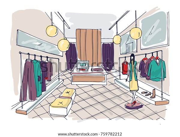 Freehand Drawing Clothing Boutique Interior Hanging Stock Vector Royalty Free