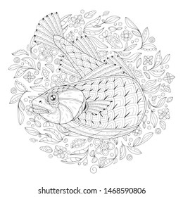 Freehand drawing with a cod in the midst of algae. Image for coloring pages. Coloring book.