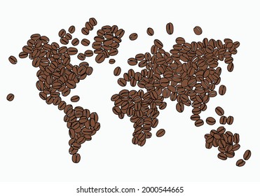 Freehand drawing of coffee bean arrange in world map. Vector illustration.