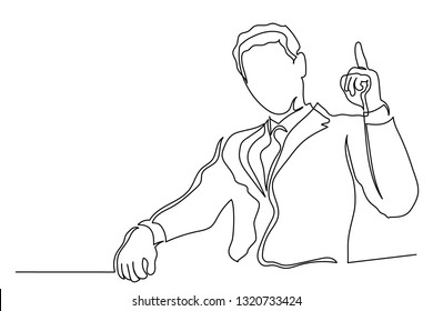 Freehand drawing of a continuous line of a businessman in a suit sitting holding a finger up, pointing. The concept of call to action.