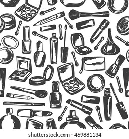Freehand drawing cosmetics seamless pattern. Vector illustration. Useful for design, templates, invitations