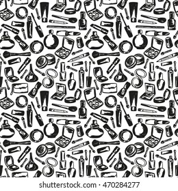 Freehand drawing cosmetics seamless pattern. Vector illustration.