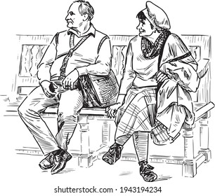 Freehand drawing of couple elderly spouses sitting on park bench and looking away