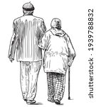 Freehand drawing of couple old people walking for a stroll together
