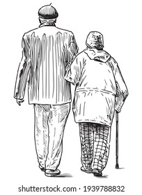 Freehand drawing of couple old people walking for a stroll together