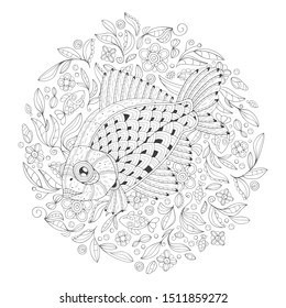 Freehand drawing with a crucian in the midst of algae. Image for coloring pages. Coloring book.