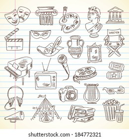 Freehand drawing Culture and Art items on a sheet of exercise book. Literature, Movie, Architecture, Sculpture, Visual Arts, Music, Photography, Theater. Vector illustration. Set