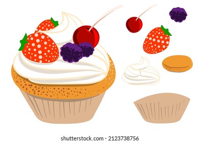 Freehand Drawing Cupcake isolation on white background. Enable to use each elements. Vector illustration with layers.