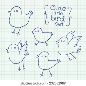 Freehand drawing cute little birds on sheet of exercise book. Vector illustration set.