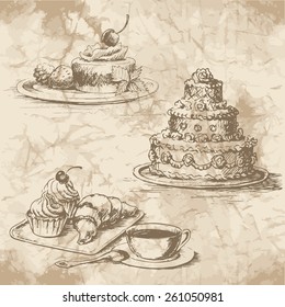 Freehand drawing of the desserts on the old paper. Cheesecake with berries and mint, muffins, croissant and a cup of coffee with a spoon, a large wedding cake with ornate decor.