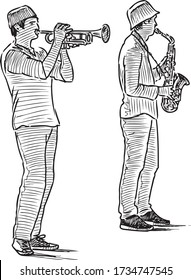 Freehand drawing of duet young street musicians playing on saxophone and trumpet