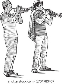 Freehand drawing of a duet of young trumpeters playing outdoors