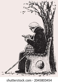 Freehand drawing of elderly woman with walking cane sitting on park bench and looking at smartphone