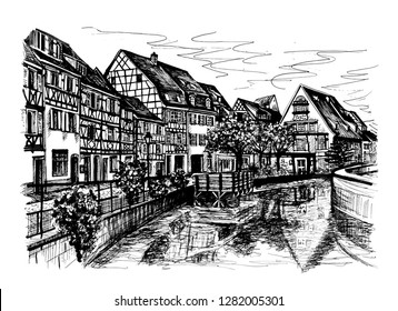 Freehand drawing of the famous city of France, the beautiful French architecture of Strasbourg. Handwork traced in vector