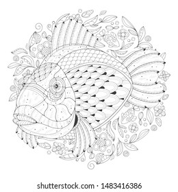 Freehand drawing with a fish in the midst of algae. Image for coloring pages. Coloring book.
