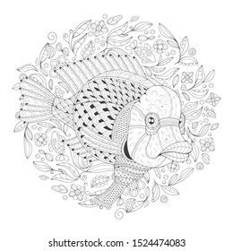 Freehand drawing with a fish in the midst of algae. Image for coloring pages. Coloring book.