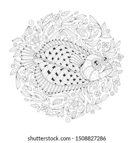Freehand drawing with a flatfish in the midst of algae. Image for coloring pages. Coloring book.