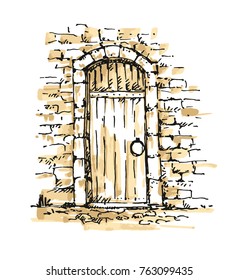 Freehand drawing of front door, old street. Sketch, vector illustration. 